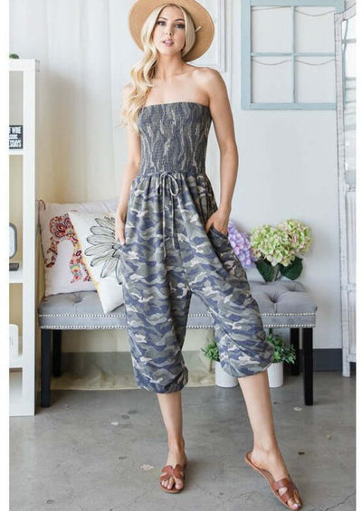 Ladies Smocked Bandeau Camo Print Tube Top jumpsuit with Pockets  | Made in USA | Classy Cozy Cool Women's Made in America Boutique