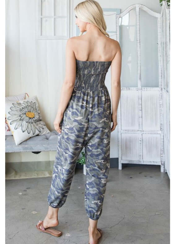Ladies Smocked Bandeau Camo Print Tube Top jumpsuit with Pockets  | Made in USA | Classy Cozy Cool Women's Made in America Boutique