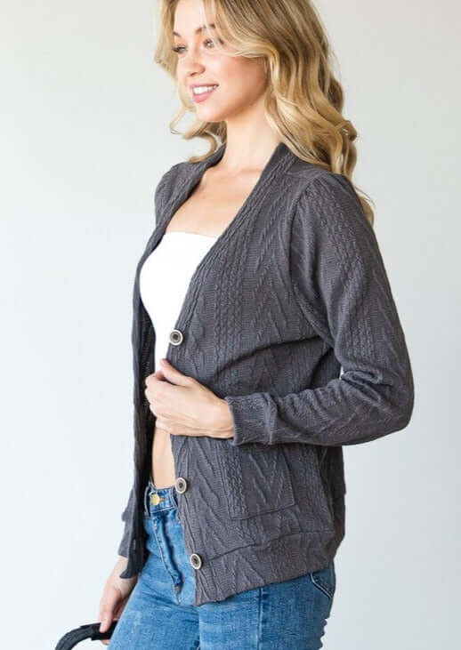 Ladies' Cable Knit Classy Casual Button Down Cardigan in Charcoal Grey | Made in USA | Classy Cozy Cool Women's Made in America Clothing Boutique