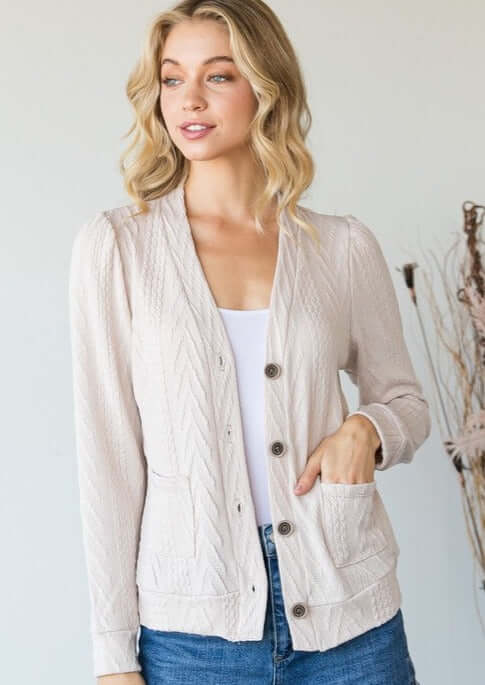 Ladies' Cable Knit Classy Casual Button Down Cardigan in Cream | Made in USA | Classy Cozy Cool Women's Made in America Clothing Boutique