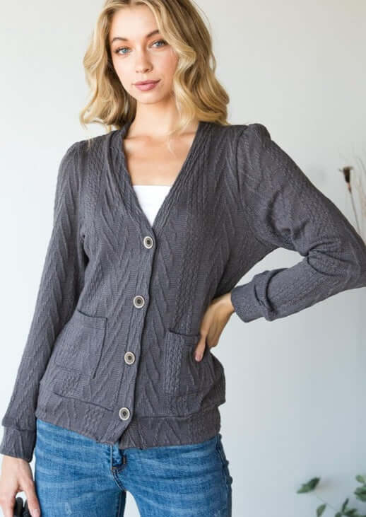 Ladies' Cable Knit Classy Casual Button Down Cardigan in Charcoal Grey | Made in USA | Classy Cozy Cool Women's Made in America Clothing Boutique
