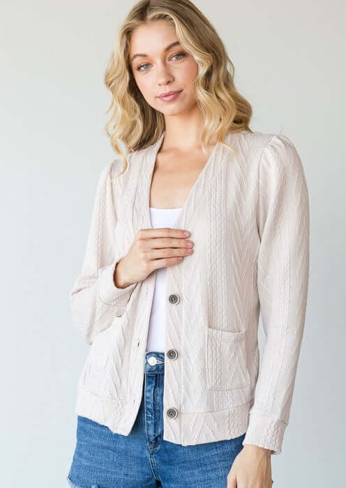 Ladies' Cable Knit Classy Casual Button Down Cardigan in Cream | Made in USA | Classy Cozy Cool Women's Made in America Clothing Boutique