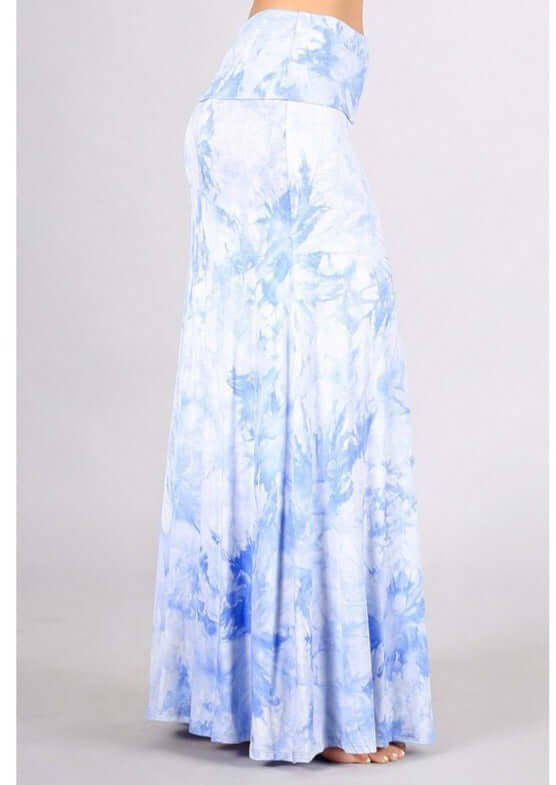 USA Made Ladies Super Soft Sky Blue Tie Dye Full Length Maxi Skirt with Fold Over Waist | Made in USA | Classy Cozy Cool Women's Made in America Boutique