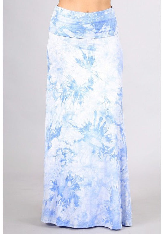 USA Made Ladies Super Soft Sky Blue Tie Dye Full Length Maxi Skirt with Fold Over Waist | Made in USA | Classy Cozy Cool Women's Made in America Boutique
