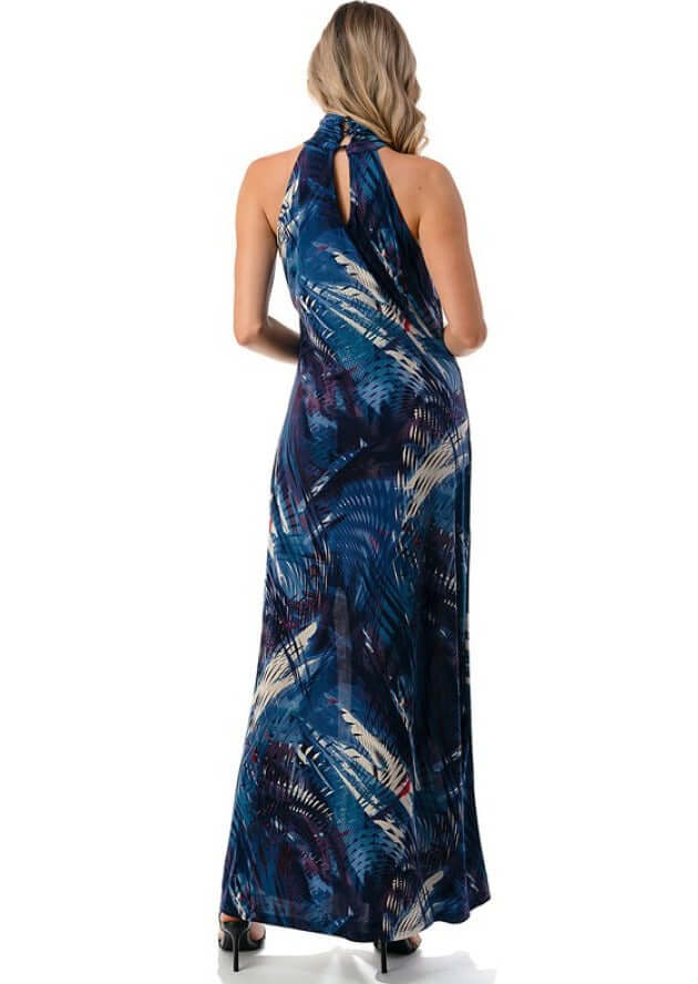 Made in USA Women's Abstract Print Halter Style Maxi Dress with Side Slit and Keyhole Back Closure | Event Dress, Resort Dress, Evening Wear, Cocktail Dress