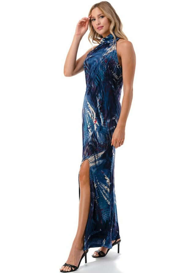 Made in USA Women's Abstract Print Halter Style Maxi Dress with Side Slit and Keyhole Back Closure | Event Dress, Resort Dress, Evening Wear, Cocktail Dress