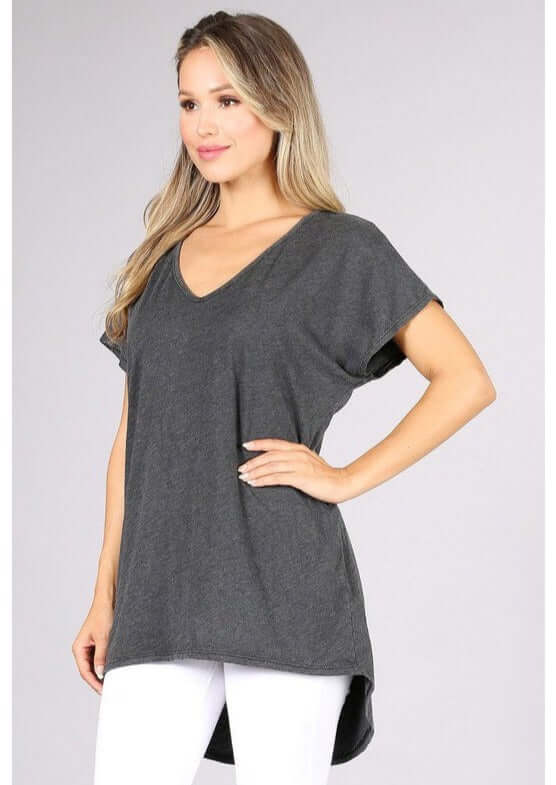 USA Made Women's V-Neck High Low Hem Oversized Lightweight Comfortable Fabric Tee in Grey | Classy Cozy Cool Women's Made in America Clothing Boutique