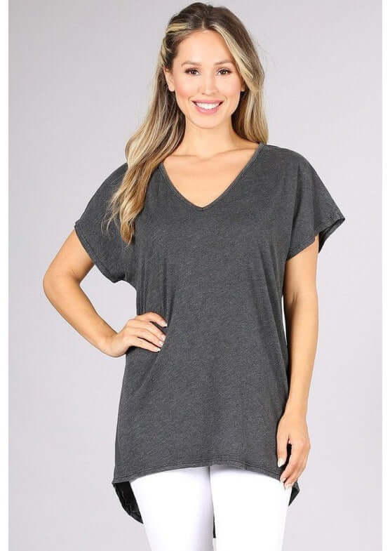 USA Made Women's V-Neck High Low Hem Oversized Lightweight Comfortable Fabric Tee in Grey | Classy Cozy Cool Women's Made in America Clothing Boutique