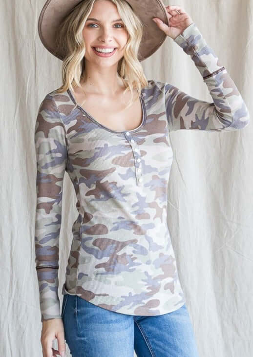 Women's Camo Print Scoop Neck Long Sleeve Fitted Tee with Button Detail | Made in USA | Classy Cozy Cool Women's Made in America Clothing Boutique