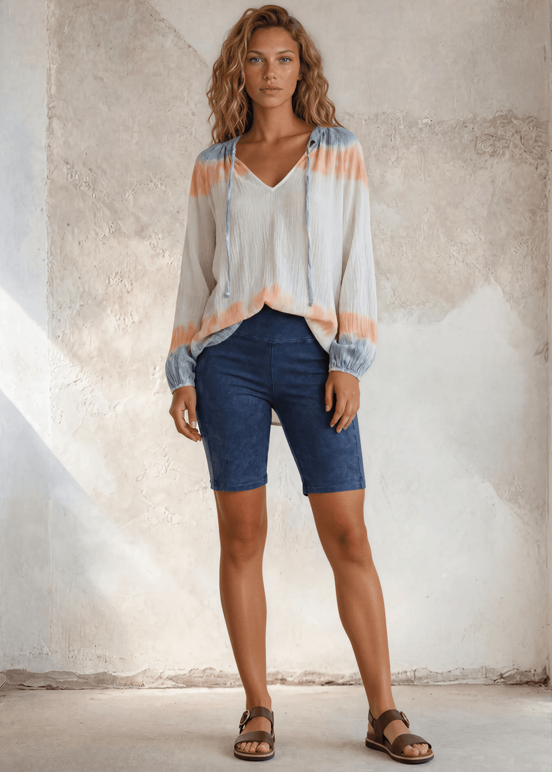 USA Made Premium Ladies Cotton Gauze Oversized Tie Dye Color Block Blouse in White with Blue &amp; Peach Colors | Classy Cozy Cool Women&