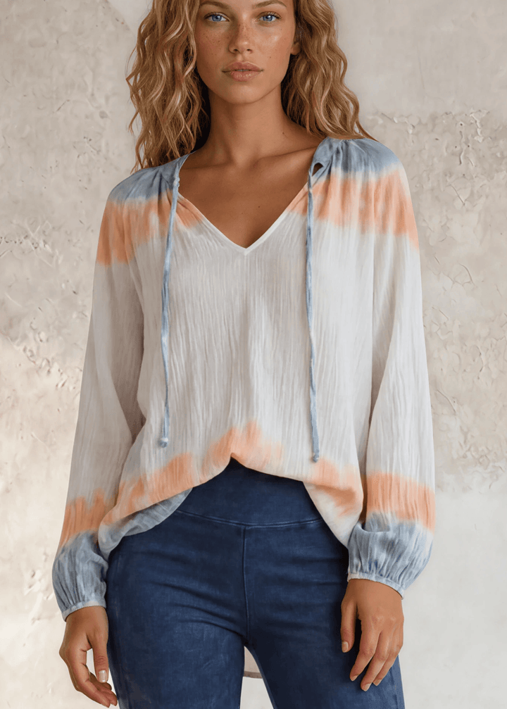 USA Made Premium Ladies Cotton Gauze Oversized Tie Dye Color Block Blouse in White with Blue &amp; Peach Colors | Classy Cozy Cool Women&