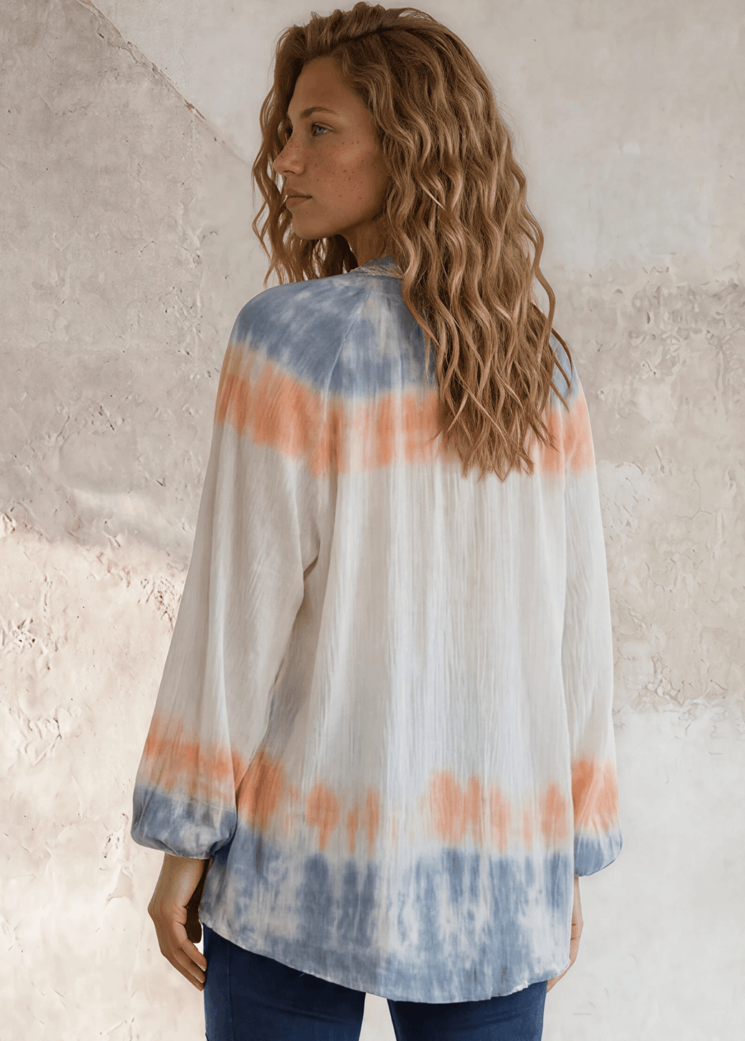 USA Made Premium Ladies Cotton Gauze Oversized Tie Dye Color Block Blouse in White with Blue &amp; Peach Colors | Classy Cozy Cool Women&