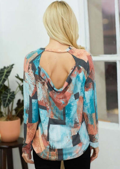 Women's Artistic Design Back Drop Lightweight Long Sleeves Lightweight top in Multi Colors: Teal, Rust, Dark Grey & White | Made in USA