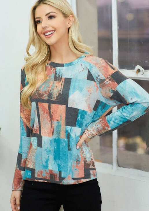Women's Artistic Design Back Drop Lightweight Long Sleeves Lightweight top in Multi Colors: Teal, Rust, Dark Grey & White | Made in USA