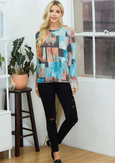 Women's Artistic Design Back Drop Lightweight Long Sleeves Lightweight top in Multi Colors: Teal, Rust, Dark Grey & White | Made in USA