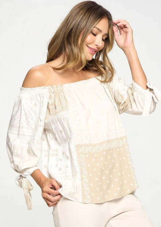 USA Made Women's Bandana Print Off the Shoulder Top in Tan and White | Renee C Style# 3499TPC | Classy Cozy Cool Women's Made in USA Boutique