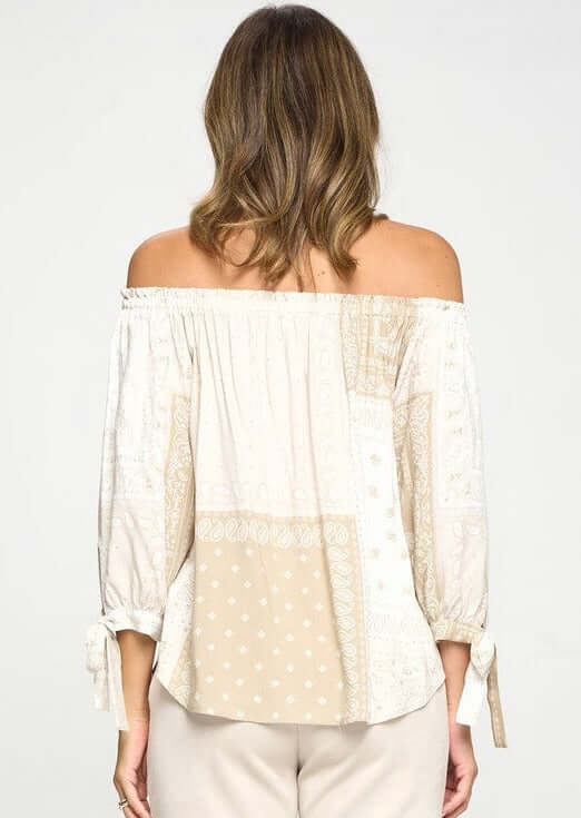 USA Made Women's Bandana Print Off the Shoulder Top in Tan and White | Renee C Style# 3499TPC | Classy Cozy Cool Women's Made in USA Boutique