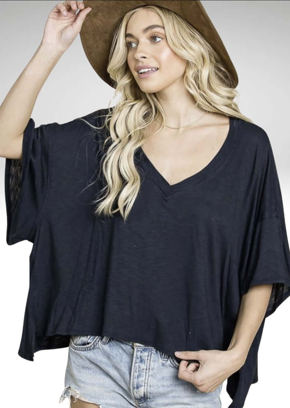 Bucket List Clothing Style# T1722 | Women's V-Neck Boxy Oversized Slub Tee Shirt in Navy Blue  | Made in USA | Classy Cozy Cool Women's Made in America Clothing Boutique