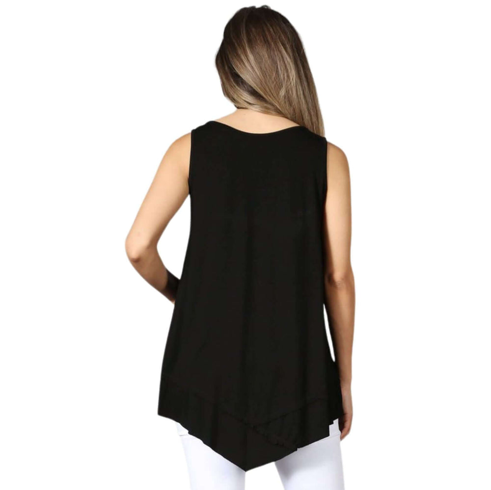 USA Made Ladies Black Sleeveless V-Neck Asymmetrical Top | Chatoyant Style C11307 | Classy Cozy Cool Women's American Made Boutique