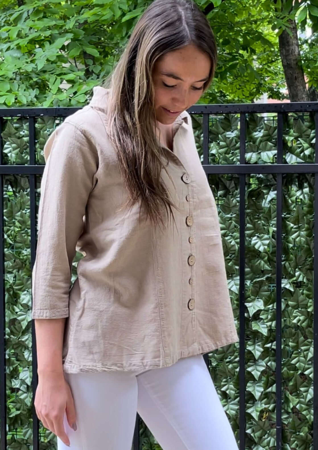 Made in USA Classy Women's 100% USA Cotton Button Down Ladies Top with Alternating Button Sizes in Coffee Tan | Classy Cozy Cool Women's Made in America Boutique