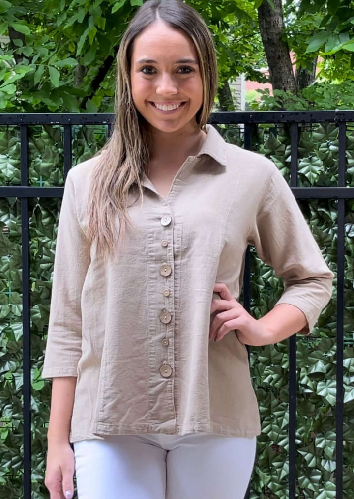 Made in USA Classy Women's 100% USA Cotton Button Down Ladies Top with Alternating Button Sizes in Coffee Tan | Classy Cozy Cool Women's Made in America Boutique