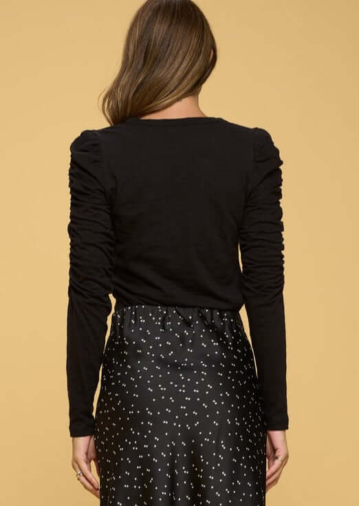 Ladies USA Made Cotton Solid Long Puff Sleeve Fitted Top in Black | Renee C Style# 4355TP | Classy Cozy Cool Women's Made in America Clothing Boutique