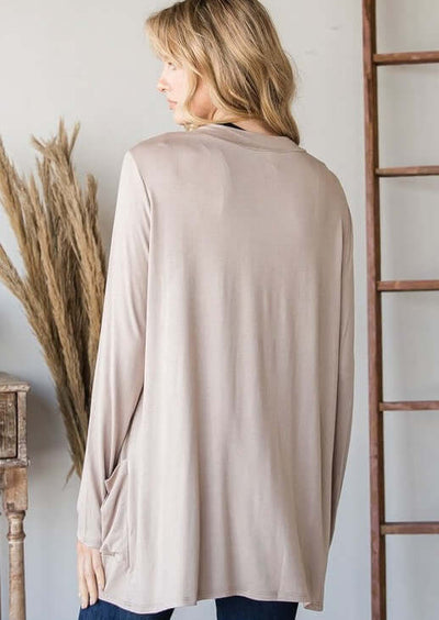 Ladies All Season Long Body Lightweight Open Front Cardigan with Pockets, Available in Taupe | Made in USA | Classy Cozy Cool Women's Made in America Clothing Boutique