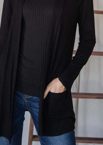 Ladies All Season Long Body Lightweight Open Front Cardigan with Pockets, Available in  Black | Made in USA | Classy Cozy Cool Women's Made in America Clothing Boutique