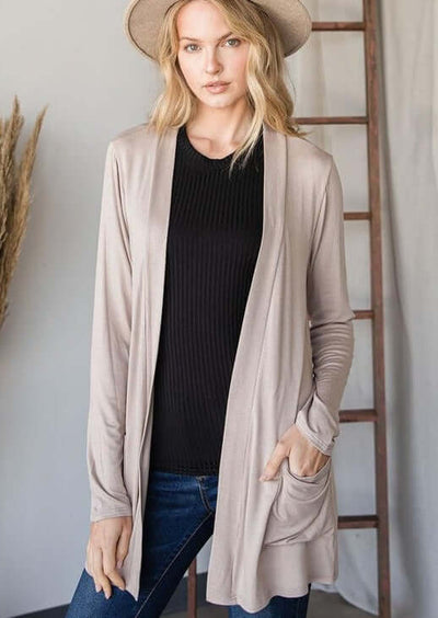 Ladies All Season Long Body Lightweight Open Front Cardigan with Pockets, Available in Taupe | Made in USA | Classy Cozy Cool Women's Made in America Clothing Boutique