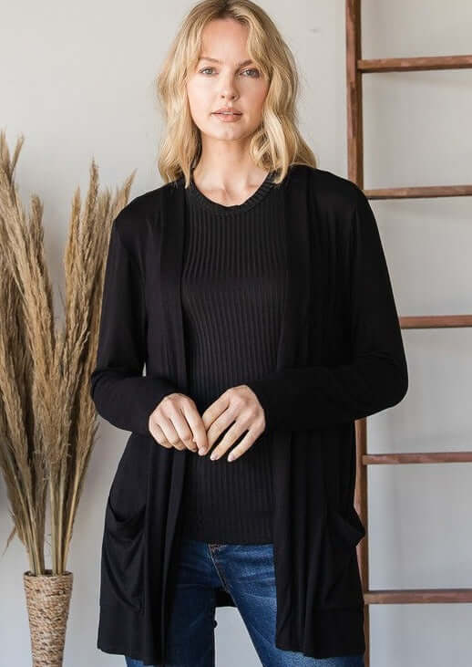 Ladies All Season Long Body Lightweight Open Front Cardigan with Pockets, Available in  Black | Made in USA | Classy Cozy Cool Women's Made in America Clothing Boutique