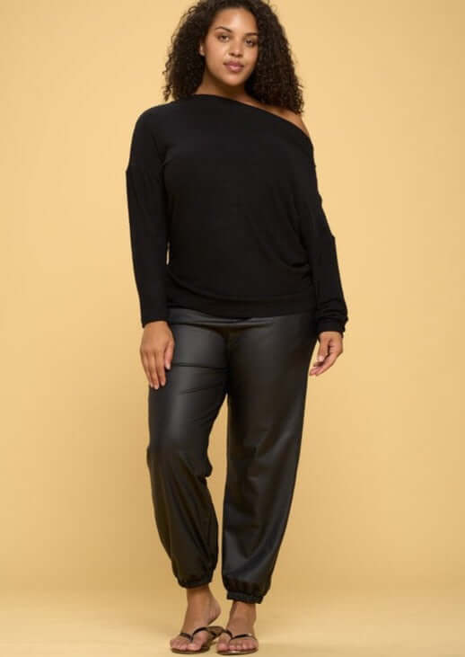 Made in USA Ladies' Plus Size Relaxed Fit Super Soft Long Sleeve Cashmere Feel Sweater Top in Black - Worn Off Shoulder or Boat Neck | Renee C Style# 4097TP | Made in America Women's Clothing Boutique