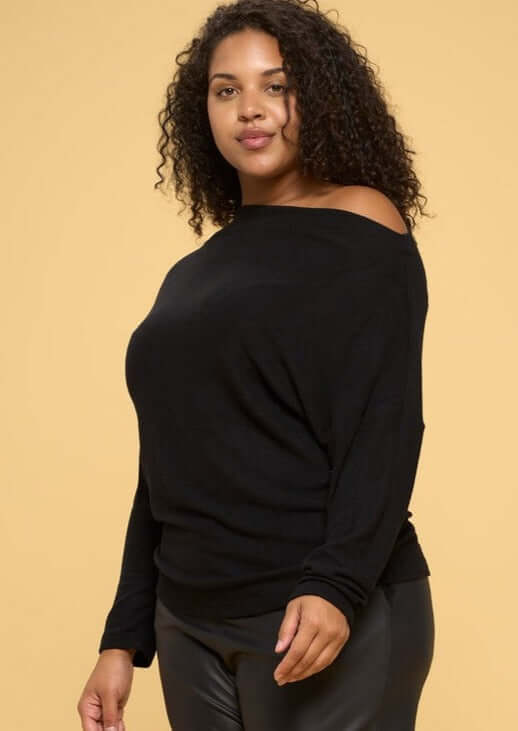 Made in USA Ladies' Plus Size Relaxed Fit Super Soft Long Sleeve Cashmere Feel Sweater Top in Black - Worn Off Shoulder or Boat Neck | Renee C Style# 4097TP | Made in America Women's Clothing Boutique