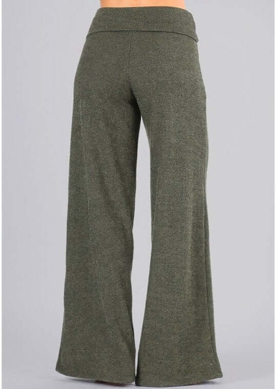 Women's Sleek Hacci Mélange Sweater Knit Pants with Fold Over Waist Band in Dark Sage | Chatoyant Style# C30668 | Made in USA | Classy Cozy Cool USA Clothing Boutique
