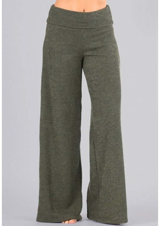 Women's Sleek Hacci Mélange Sweater Knit Pants with Fold Over Waist Band in Dark Sage | Chatoyant Style# C30668 | Made in USA | Classy Cozy Cool USA Clothing Boutique