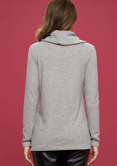 Made in USA Ladies' Super Soft Long Sleeve Cowl Turtle Neck Cashmere Feel Sweater Top in Heather Grey | Renee C Style# 4134TP 