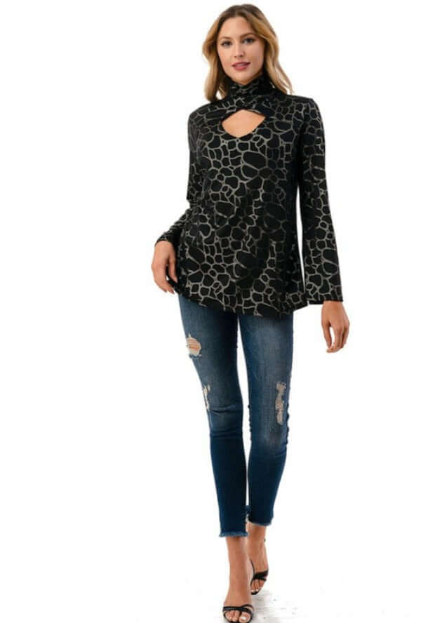 Proudly Made in USA Women's Black & Grey Mock Neck Cut Out Front Detail Animal Print Statement Top with  Keyhole Back Closure | Classy Cozy Cool Made in America Boutique