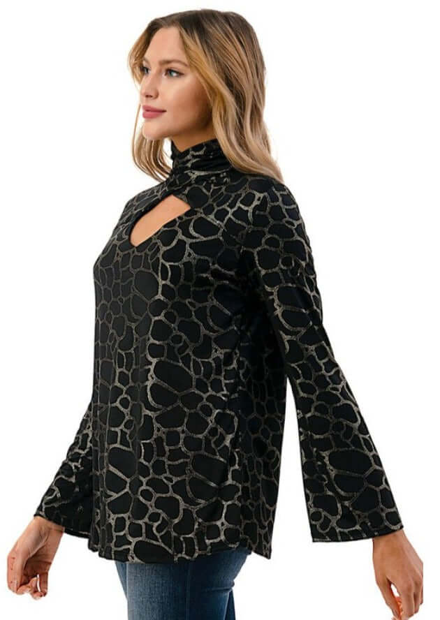 Proudly Made in USA Women's Black & Grey Mock Neck Cut Out Front Detail Animal Print Statement Top with  Keyhole Back Closure | Classy Cozy Cool Made in America Boutique