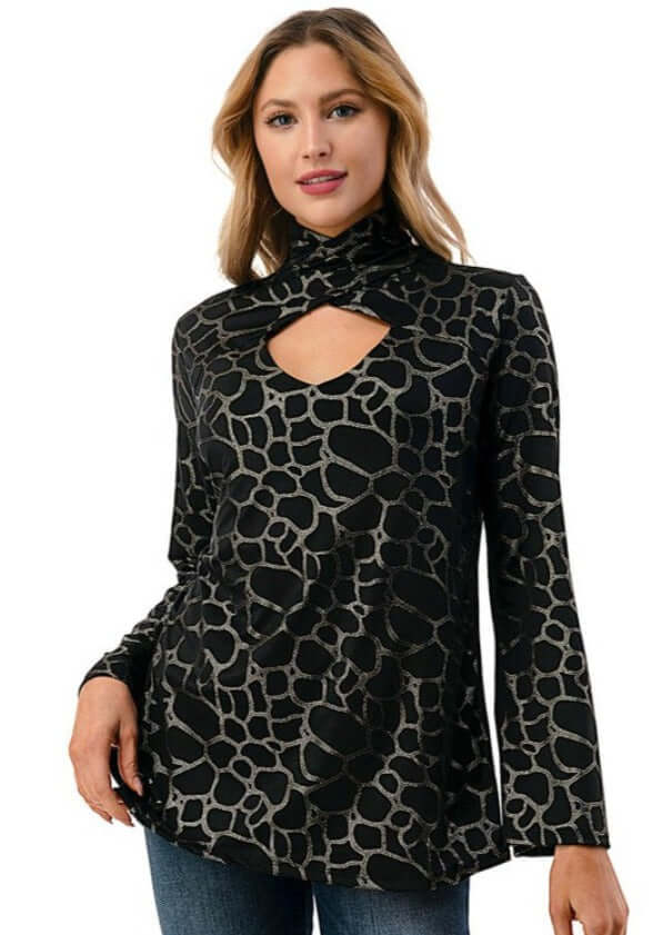 Proudly Made in USA Women's Black & Silver Mock Neck Cut Out Front Detail Animal Print Statement Top with  Keyhole Back Closure | Classy Cozy Cool Made in America Boutique