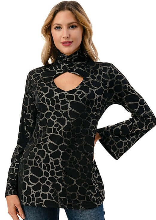 Proudly Made in USA Women's Black & Silver Mock Neck Cut Out Front Detail Animal Print Statement Top with  Keyhole Back Closure | Classy Cozy Cool Made in America Boutique