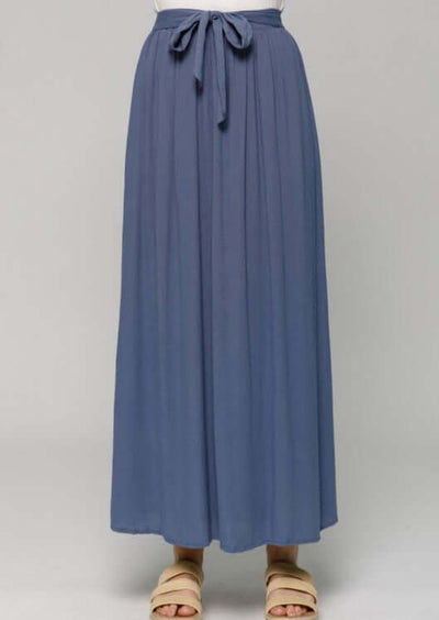 Ladies USA Made Rayon Gauze Steel Blue Tie Front Maxi Skirt | Brand: Final Touch Style# S80065C | Classy Cozy Cool Women's Made in America Boutique