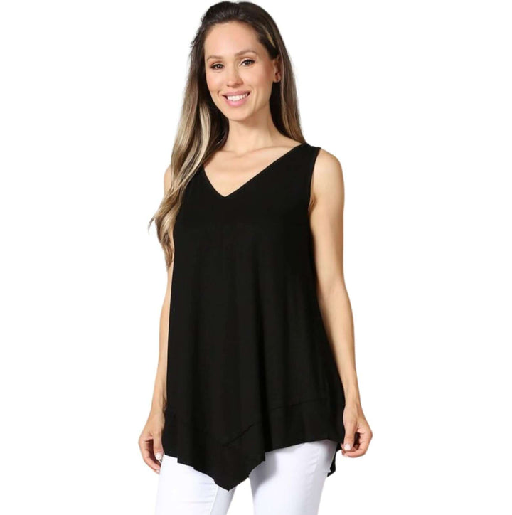 USA Made Ladies Black Sleeveless V-Neck Asymmetrical Top | Chatoyant Style C11307 | Classy Cozy Cool Women's American Made Boutique