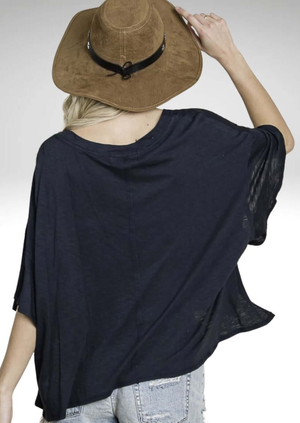 Bucket List Clothing Style# T1722 | Women's V-Neck Boxy Oversized Slub Tee Shirt in Navy Blue  | Made in USA | Classy Cozy Cool Women's Made in America Clothing Boutique