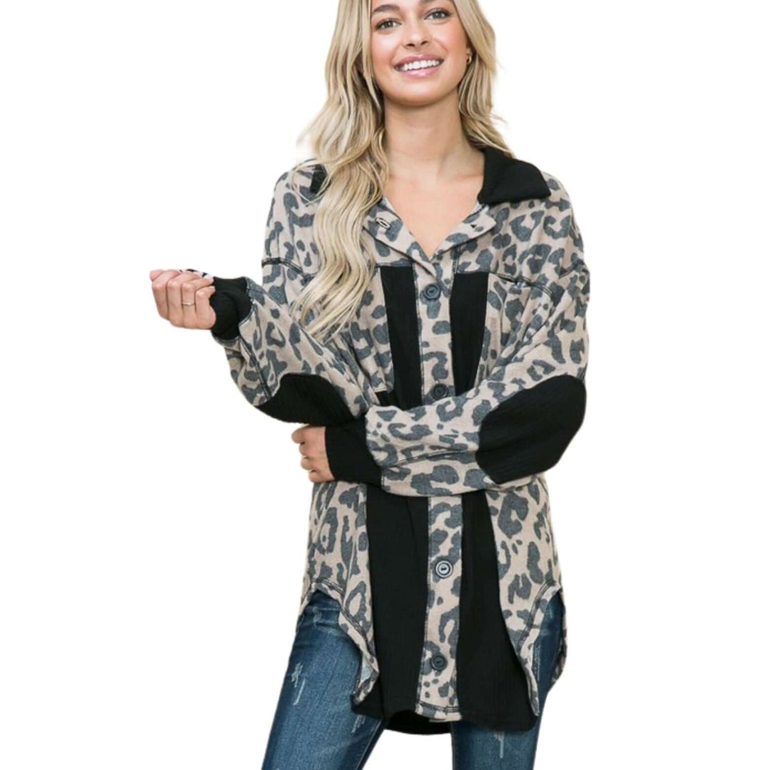 Tan & Black Ladies Leopard Print Super Soft Lightweight Soft Brushed Button Down Shirt Jacket with Color Block Detail in Made in USA | Women's American Made Boutique