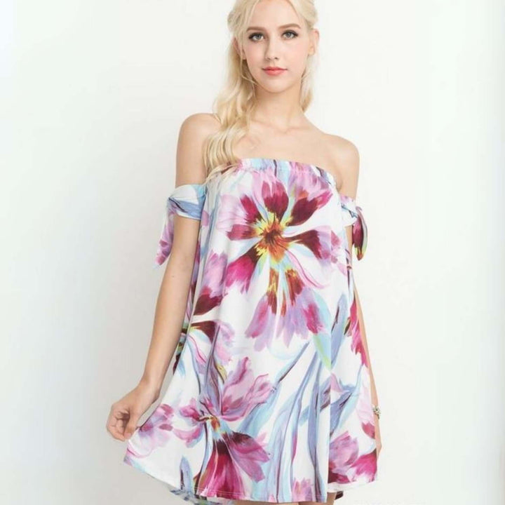 Made in USA Women's Floral Off the Shoulder Mini Dress with Tie Sleeve Detail and Side Pockets in Blue, Pink & White Floral Pattern | Also Perfect as Swim Cover Up or Tunic