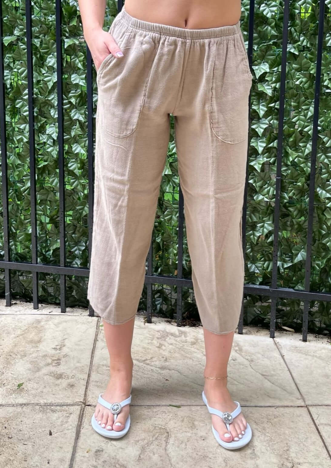 Ladies 100% Cotton Relaxed Fit Cropped Elastic Waist Tan Casual Pants | Made in USA | Classy Cozy Cool Women's Made in America Boutique