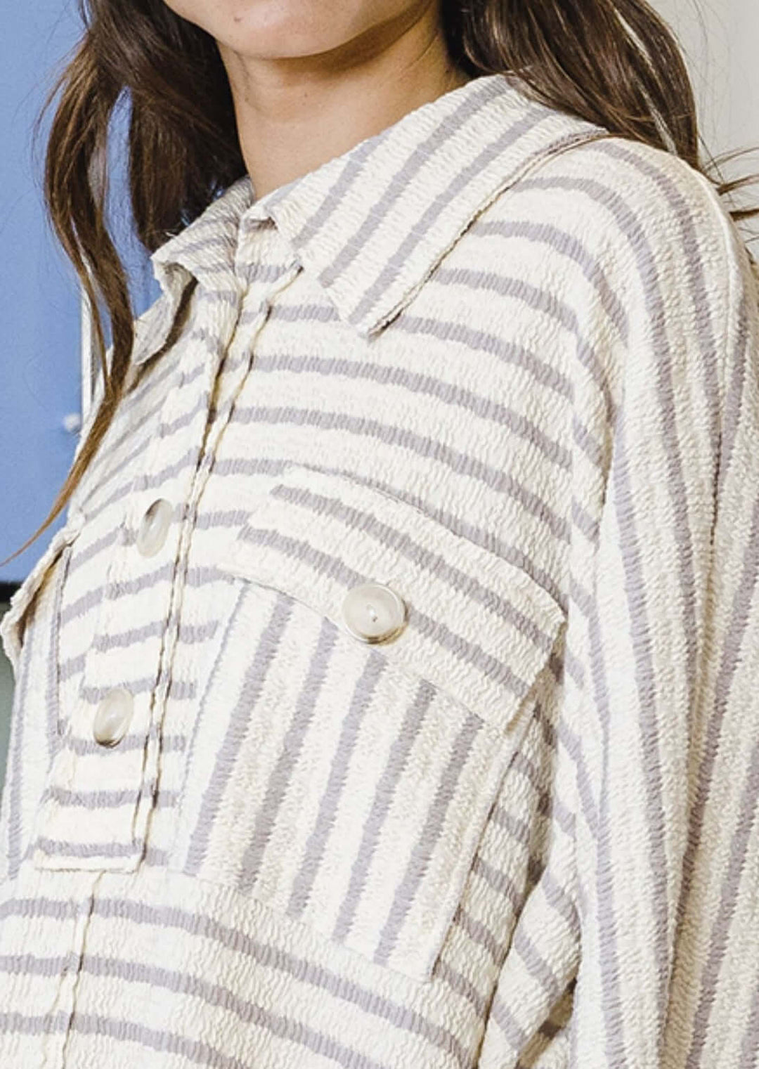Ladies Cotton Oversized Cotton Blend Striped Henley With Contrast Detail and Large Front Pockets in Grey and White  | Made in USA | Bucket List Clothing Style# T1578