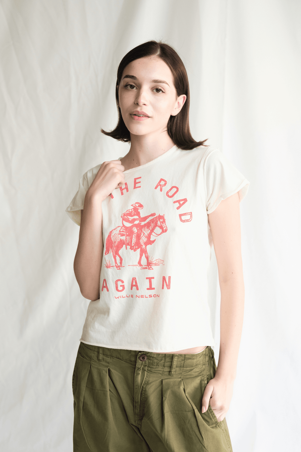 Willie Nelson On The Road Again Tee by People of Leisure — 100% cotton graphic tee in Vanilla. Made in LA. Sizes XS–XL