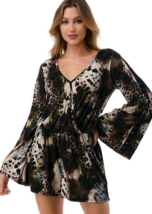 Made in USA Women's Mixed Print V-Neck Romper Bell Sleeves Grommet Detail Sleeves Surplice Front & Tie in Back Deep V Back