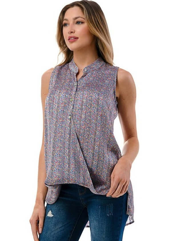 Ladies Made in USA Grey and Pink Satin Floral Surplice Top with Sheer Back | Classy Cozy Cool Made in America Boutique