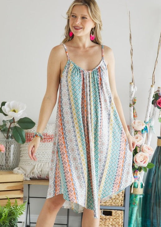 Made in USA | Adora Ladies Colorful Bohemian Print with Spaghetti Straps Super Soft Summer Sun Dress for Beach, Vacation, Summer Parties  Classy Cozy Cool Women's Made in America Boutique